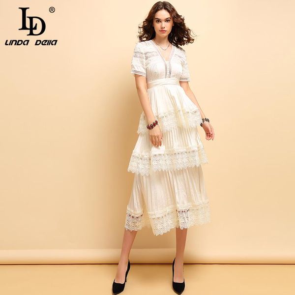 

ld linda della 2020 fashion spring summer dress women's deep v-neck lace up hollow out elegant pleated champagne dresses, White;black