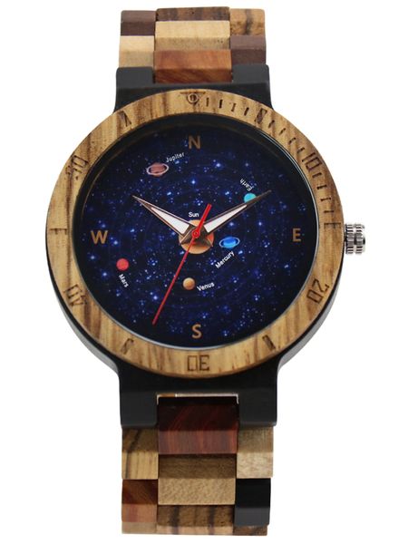 

natural wood watch for men sky universe planet ocean continent design quartz mens man wristwatch dropshipping wooden band saat reloj watches, Slivery;brown