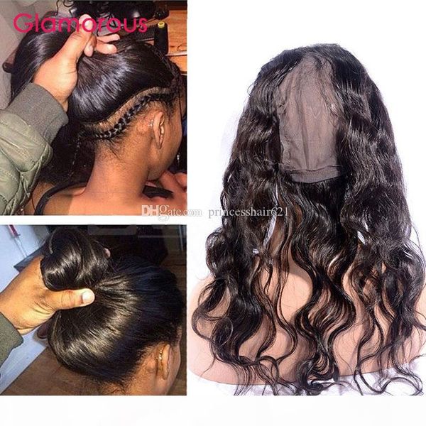 

glamorous brazilian virgin hair body wave 360 frontal closure peruvian malaysian indian human hair 360 frontals round lace closure with cap, Black;brown