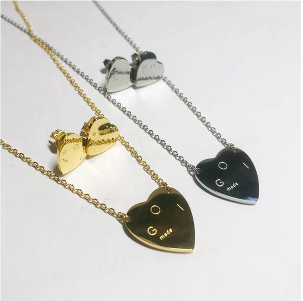 

luxury jewelry women heart pendant necklaces silver gold love earrings suit stainless steel stud with logo fashion bijoux for girl and good