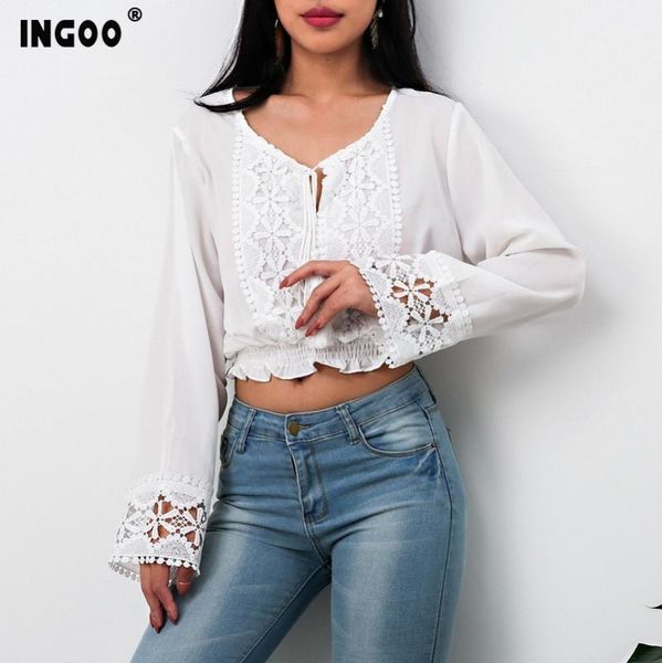 

ingoo elegant lace flare long sleeve women blouse summer sweet white hollow out drawstring loose chiffon crop ladies blouses1