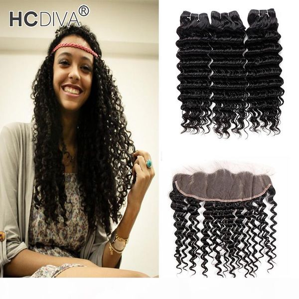

глубокая волна волос remy 3 связки с 13x4 lace фронтальная natural black deep curl плетение 8a девы волос отложенной человеческих волос высо, Black;brown