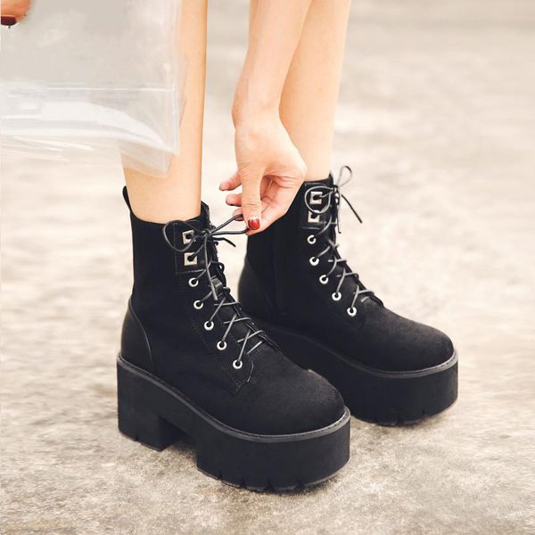 

punk gothic platform combat boots for women faux suede lace up block high heels black goth winter shoes ankle boots 2020