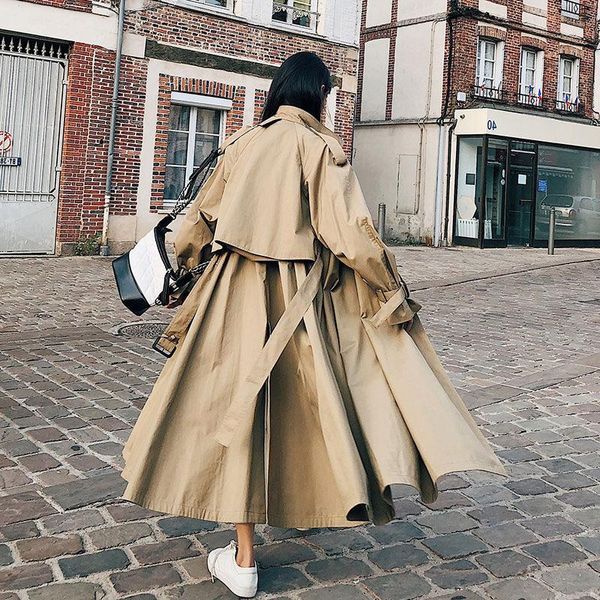 

office lady korean womens trench coats loose full sleeve long designer coats and jackets open stitch wide-waisted women, Tan;black