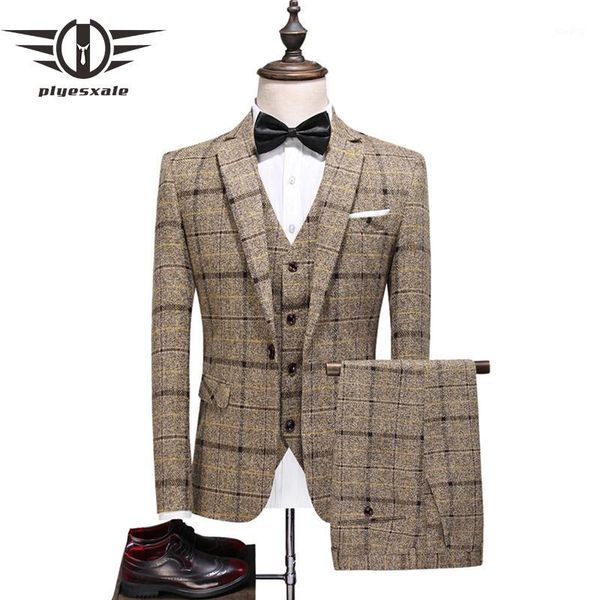 

plyesxale luxury fashion men's check suit plaid suits slim fit men's wedding suit groom tuxedo 3-piece set blazer+pant+vest q8661, White;black