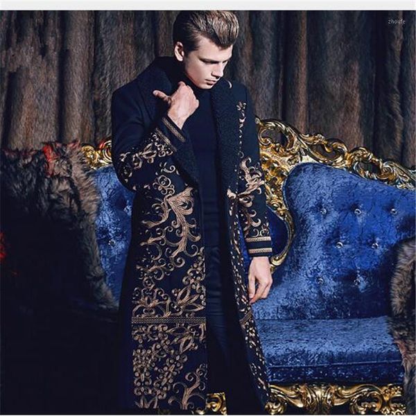 

new 2017 fashion casual man male men's long slim warm coat autumn winter embroidery baroque1, Black