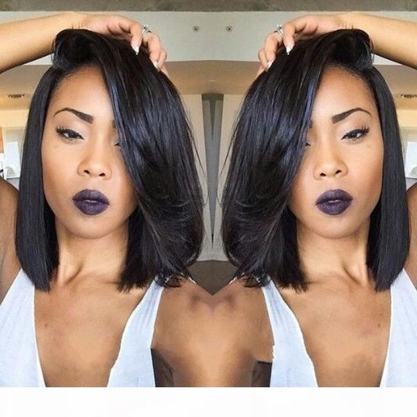 

popular layered bob short human hair wigs 130% density silky straight full lace&lace front wig for black women ing, Black;brown