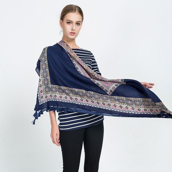 

scarves 2021 retro style for autumn and winter scarf national diamond geometric pattern all-match tassels shawl, Blue;gray