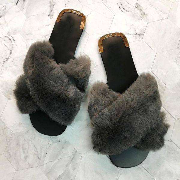 

flat with women furry slippers new 2020 autumn fashion female cross with open toe short plush warm fur slippers metal slides, Black