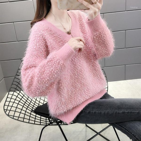 

spring autumn women's sweaters fashion loose all-match sweater pullovers long sleeve v-neck thick knitting jumper pull femme 4841, White;black