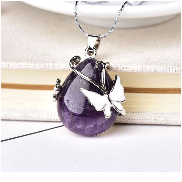 

natural crystal butterfly mineral jewelry amethyst rose quartz opal ornaments pendant water drop shape for men women qylujp, Black
