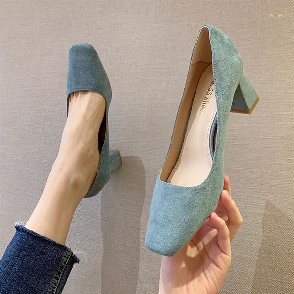 

2020 women flock 6cm block high heels pumps bridal scarpin valentine lady square toe blue khaki suede heels female party shoes1, Black