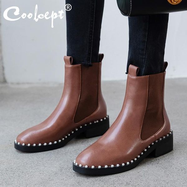 

boots coolcept genuine leather woman ankle fashion beads flats winter shoes warm office lady daily short boot size 33-42, Black