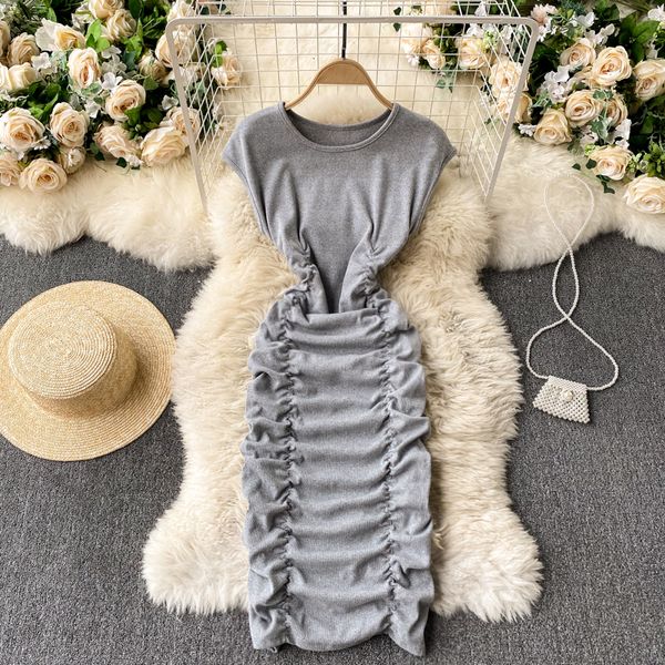 

2021 new singiny women dressed in sleeves solid neck office dresses thin summer ruched streetwear short dress d4eb, Black;gray