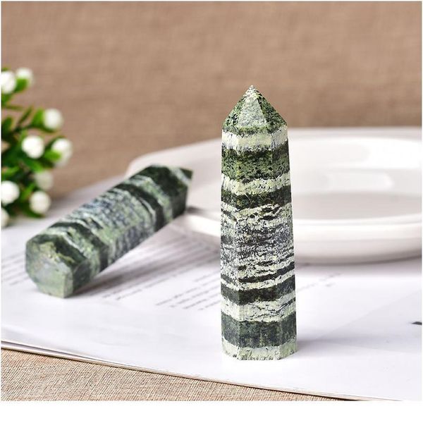 

1pc natural stone crystal point green zebra stripes healing obelisk quartz wand ornament for home decor reiki stone qylcfx, Black