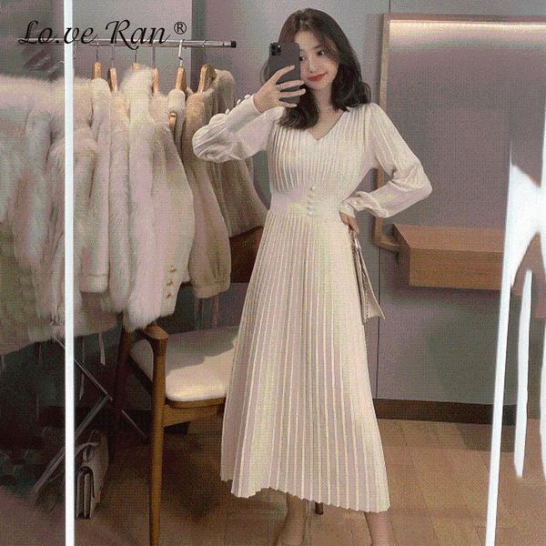 

autumn korean knitted women's dress long lantern sleeve pleated sweater dresses female 2021 elegant office lady button vestidos1, Black;gray