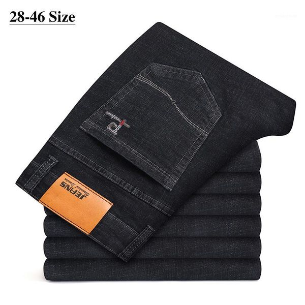 

plus size 42 44 46 brand men's business casual jeans classic slim straight embroidery elasticity denim pants male black trousers1, Blue