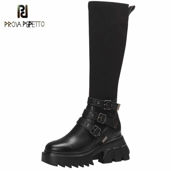 

prova perfetto non-slip botas feminina knit keep warm plush tenis feminino buckle metal decoration women boots, Black