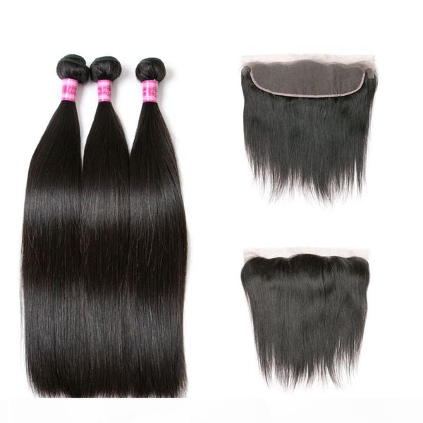

malaysian straight hair 13x4 lace frontal with bundles 3 remy human hair bundles with closure part natural jet black