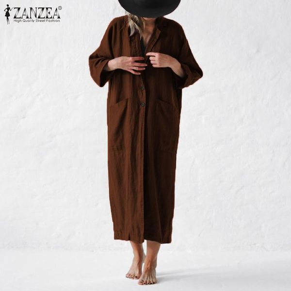 

zanzea women long sleeve thin jackets coat vintage cotton solid cardigan windbreaker ladies pockets buttons outwear long coats, Black;brown