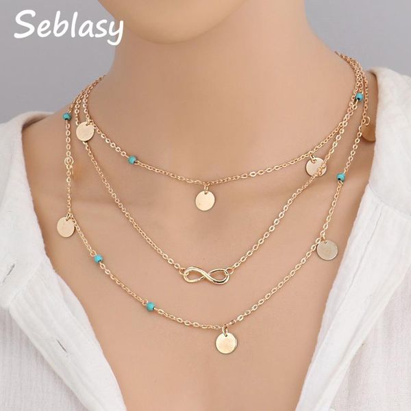 

chains seblasy simple style bohemian gold color 3 layer natural stone beads round sequins infinity clavicle chain necklaces for women, Silver