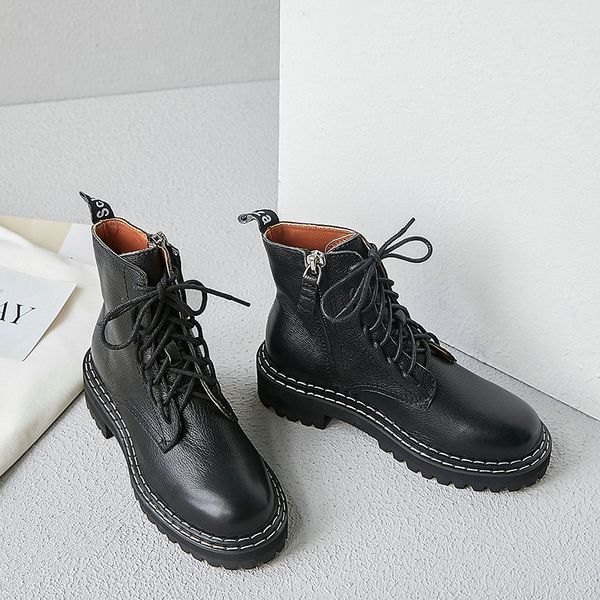 

2020 новых неподдельной кожи женщин лодыжки мотоцикла сапоги стороны молнии коренастый высокие каблуки осень зима boots ботинки женщина, Black