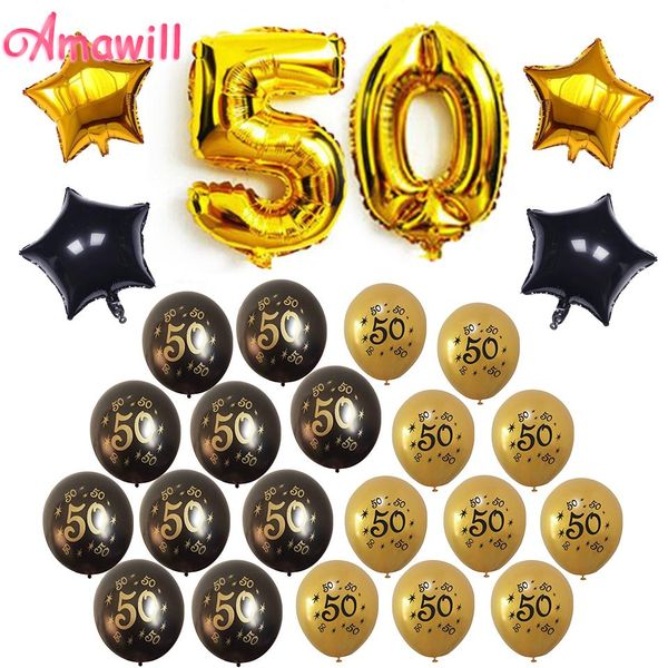 

amawill anniversary 50th birthday party decorations kit with gold and black 50 printed latex globos star foil balloons 75d sqcwoj
