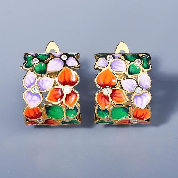 

stud ladies classic 925 silver earrings flower colorful handmade enamel jewelry elegant party accessories, Golden;silver
