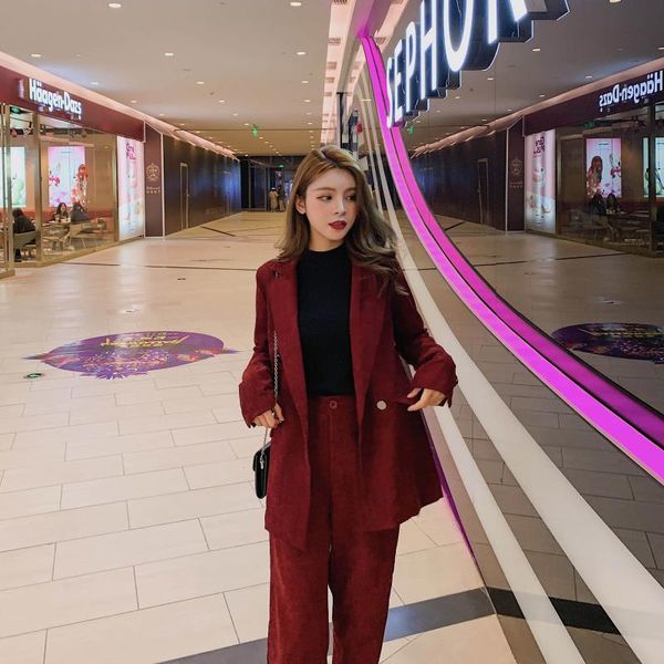 

2021 spring new women's chic blazer suits corduroy two pieces set vintage notched double-breasted coat and long pant s9n702k, White