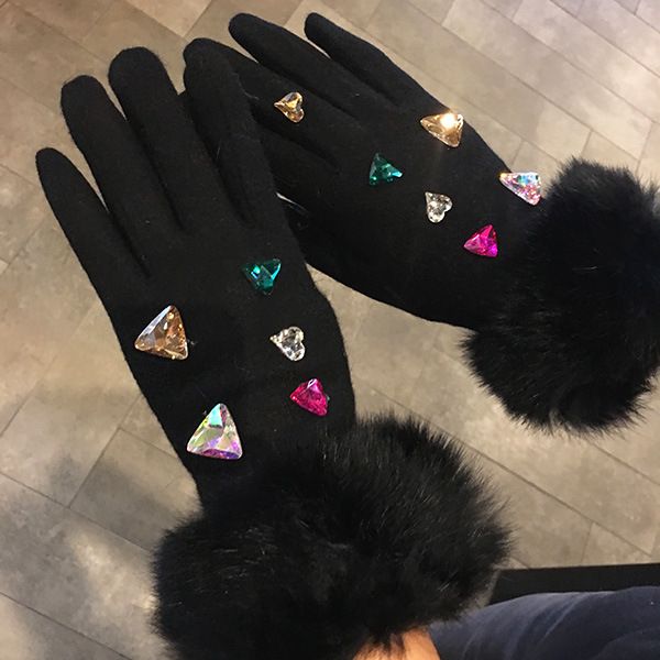 

brand luxury women' winter wool gloves colorful crystal real rabbit fur elegant fur gloves female mittens cashmere gloves 201019, Blue;gray