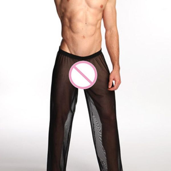 

2017 fashion brand mesh transparent men soft comfortable long pajama bottoms gay funny silk lounge bottoms loungewear1, Black;brown