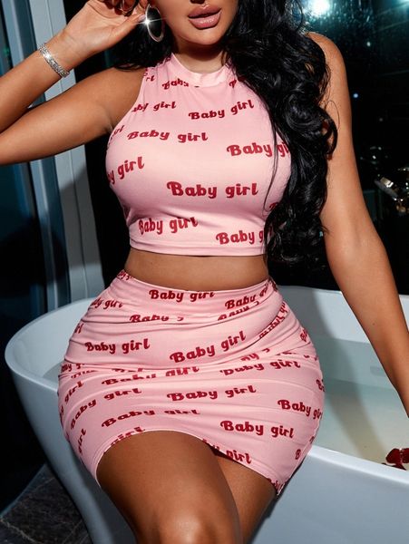 

letter graphic tank & bodycon skirt h7a6#, White