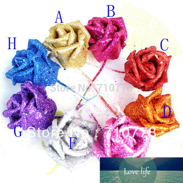100PCS 8 Cor Artificial Pe Glitter Rose Gold Pó Rosa com haste Arco do casamento Diy Flor Bola Bouquet Decoração