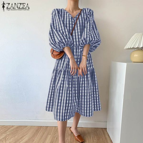 

stylish summer check mid-calf dress zanzea women's puff sleeve sundress vestidos female v neck casual robe femme plus size 5xl 7 y0118, Black;gray
