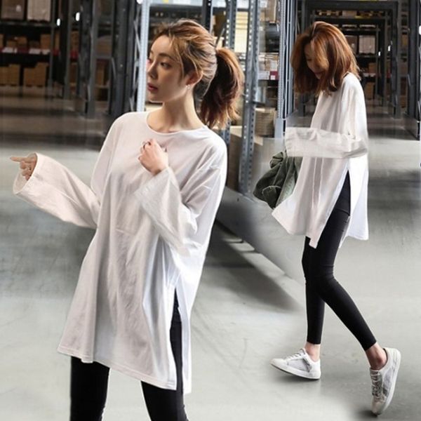 

korean dongdaemun same base long sleeve t- women's mid-length large size shirtt-shirt shirt lazy style women's autumn wear white g