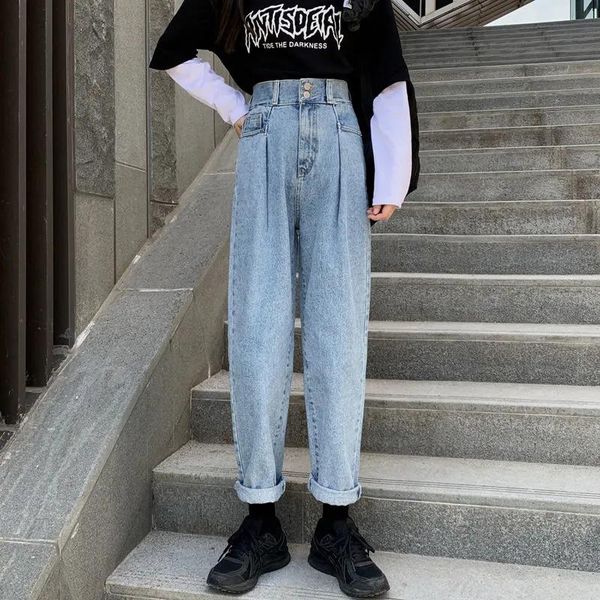 

women's jeans vintage two button high waisted straight leg jean for women baggy solid denim harem pants trendy streetwear daddy trouser, Blue