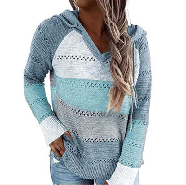

20 fall and winter women's long sleeve loose hollow contrast color knitted sweater hoodie variety colors, White;black