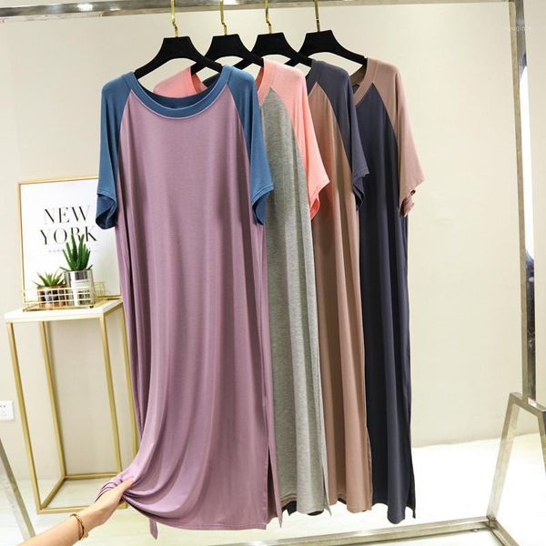 

sleepwear women nightgown casual long sleeping dress pijamas ladies homewear short sleeve spring summer modal loose sleepdress1, Black;red
