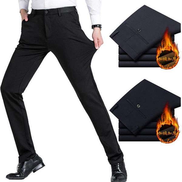

men's pants 2021 warm fleece winter men thicken smart casual long trousers brand clothing black grey blue for male