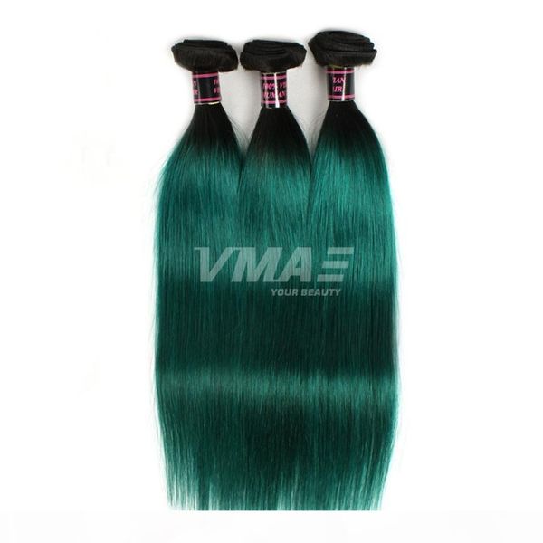 

vmae brazilian human hair weaves 3 bundles natural soft straight weft two tone #1b green ombre color virgin hair extensions, Black