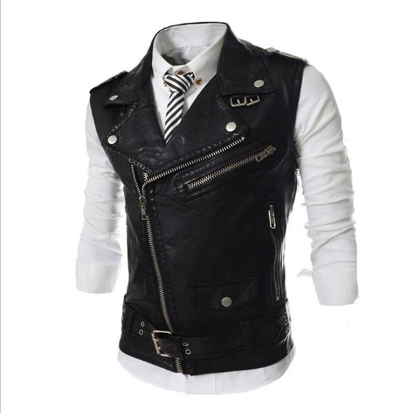 

men biker vest sleeveless pu leather motorcycle waistcoat gilet homme chalecos para hombre multi pocket vest leather vest men 201119, Black;white