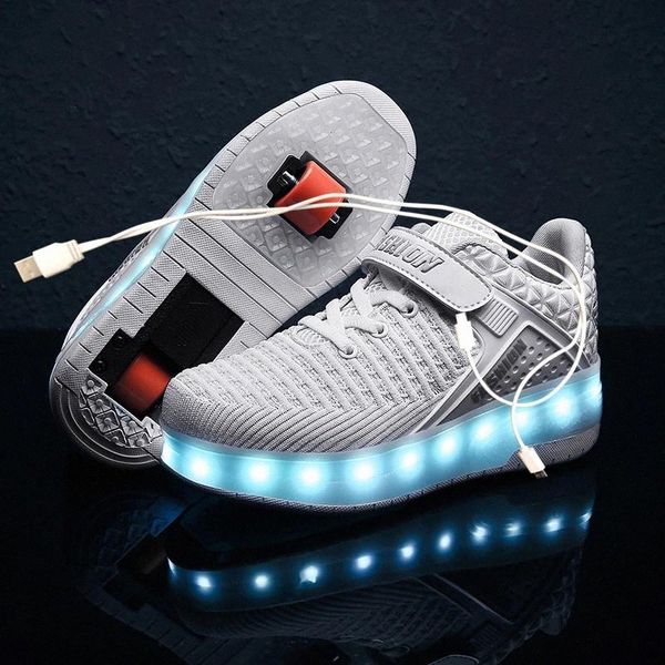 

Two White LED usb charging roller shoes glowing light up luminous sneakers with wheels kids rollers skate shoes for boy girls #OQ2A
