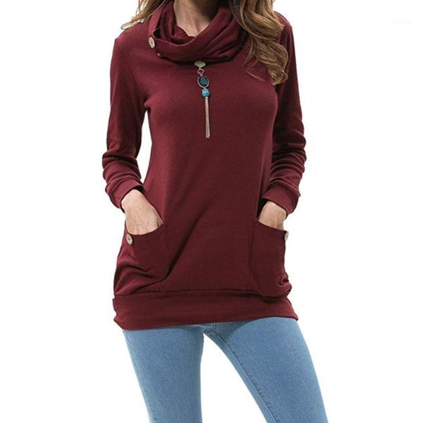 

women long sleeve buttons cowl neck sweatshirt solid color pockets tunic 35ef1, White