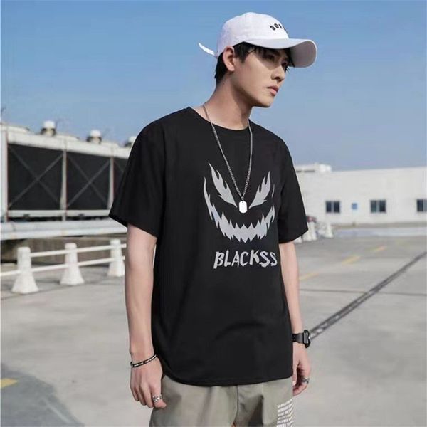 

black reflective t shirt streetwear men oversized t-shirt japan harajuku devil tshirt summer high street half sleeve, White;black
