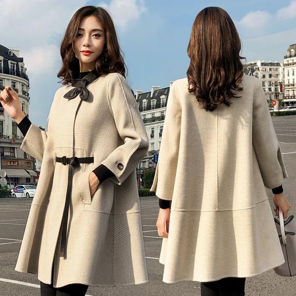 

women houndstooth warm cape coat england a-line thick overcoat belt jacket spring autumn winter new arrival, Black