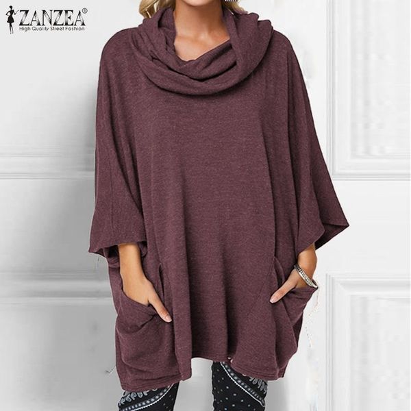 

blusas zanzea women casual turtleneck solid shirts office ladies work baggy pockets tunic chemiser mujer blusas plus size t200322, White