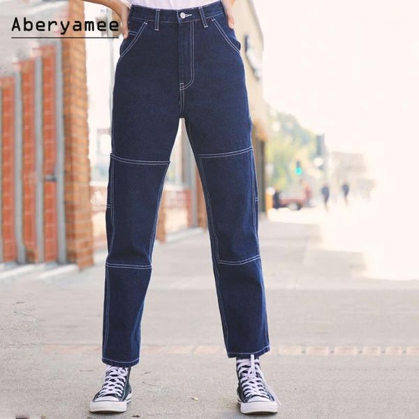 

aberyamee high waist jeans woman casual string street straight pants fashion button pockets trousers female1, Blue
