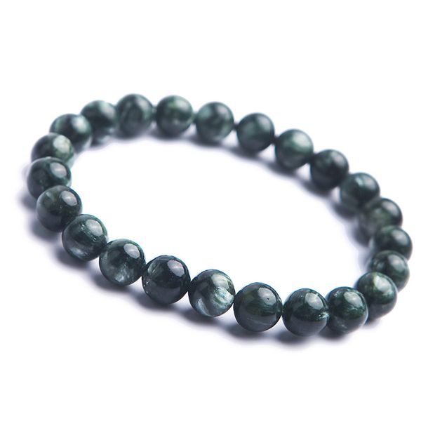 

8mm genuine green natural stone bracelet women female stretch crystal round bead natural seraphinite bracelet, Black