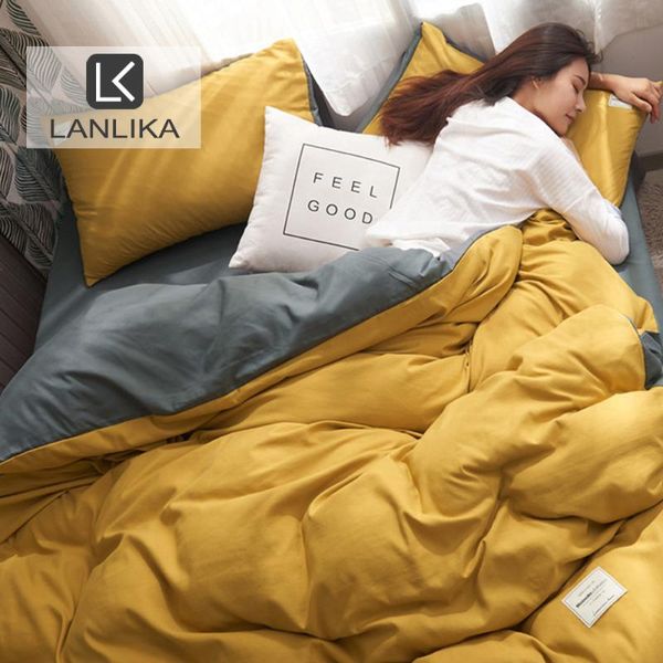 

lanlika yellow bedspread gray flat sheet elastic band double  bedclothes bedding set home textiles fittted sheet