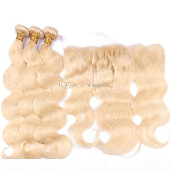 

new arrival blonde #613 body wave hair bundles with 13*4 lace band frontal russian #613 blonde human hair weaves with lace frontal closure, Black;brown